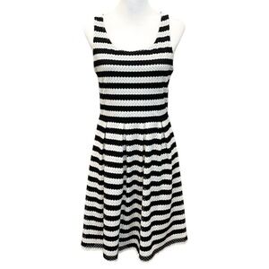 ELLE Eyelet Fit & Flare Mini Dress Striped Sleeveless Stretch Black White 10